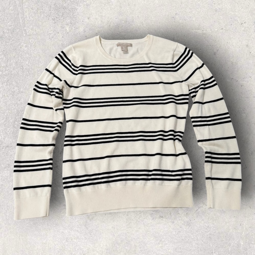 Banana Republic Cream and Black Striped Crewneck Sweater
